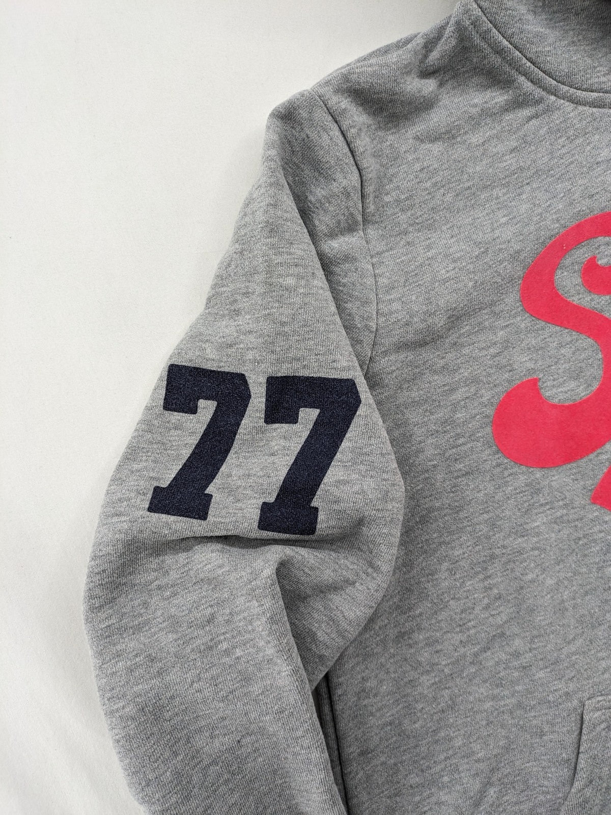 Superdry grey hoodie with Sonics logo, number 7 detail, kangaroo pocket, and drawstring hood.