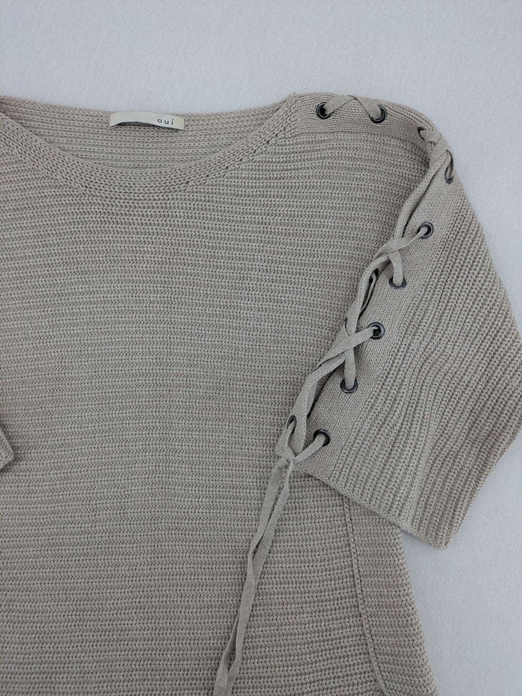 Oui knit jumper beige with lace-up sleeve details and 3/4 length arms.