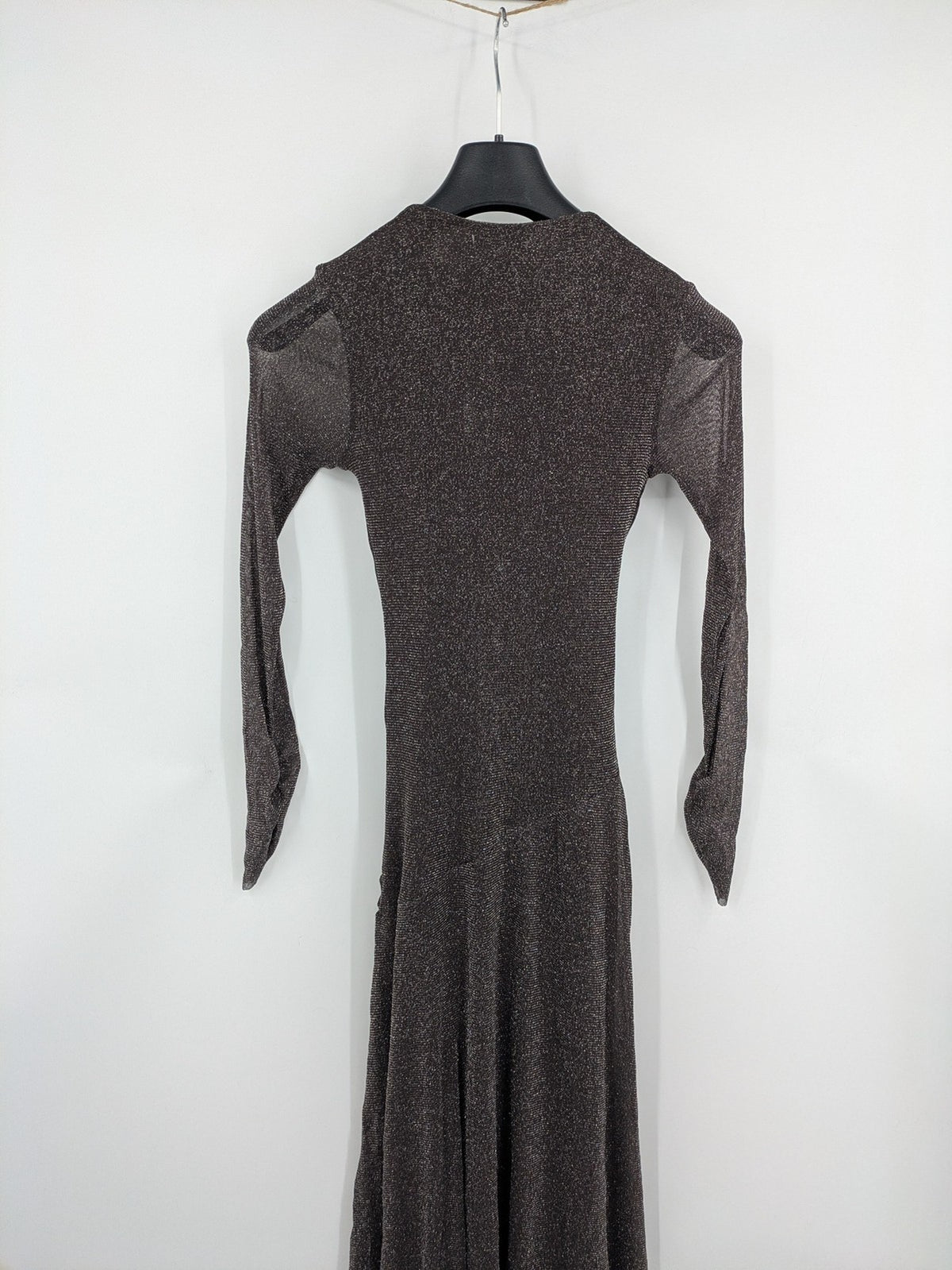 Abendkleid grey A-line dress metallic shimmer draped waist long sheer sleeves
