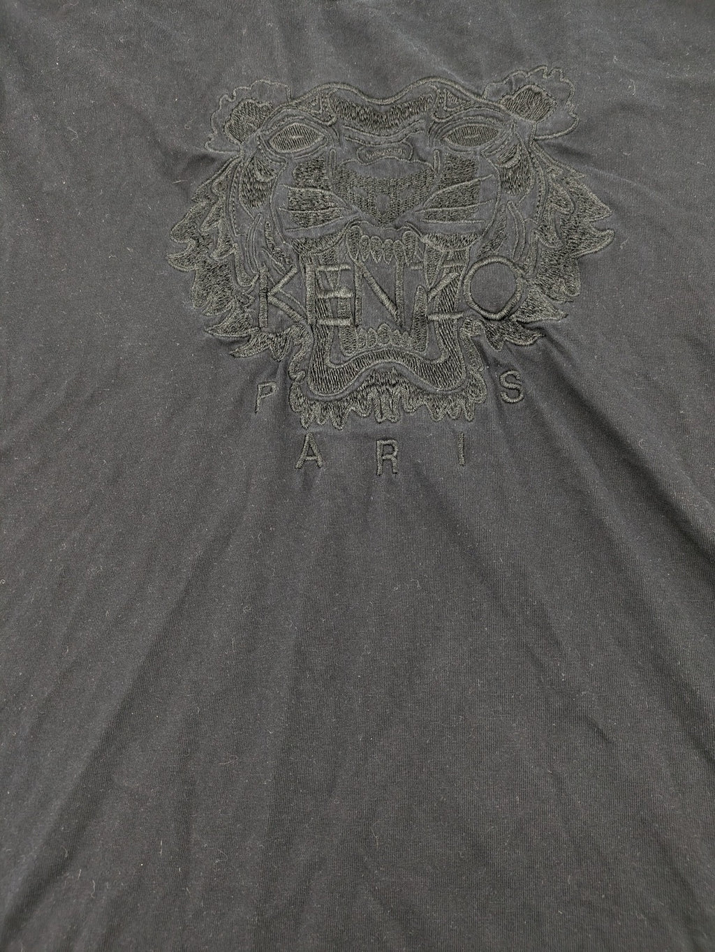Kenzo grey t-shirt with embroidered tiger logo and "Paris" text in tonal black.