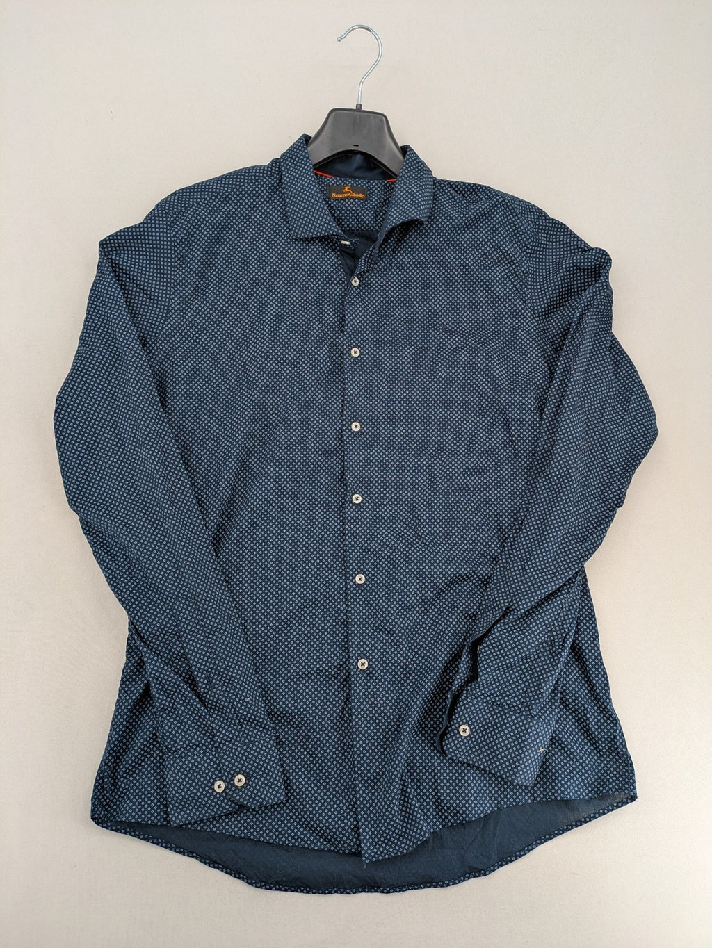 Nazareno Gabrielli blue button-up shirt with subtle pattern and classic collar, made in Italy.