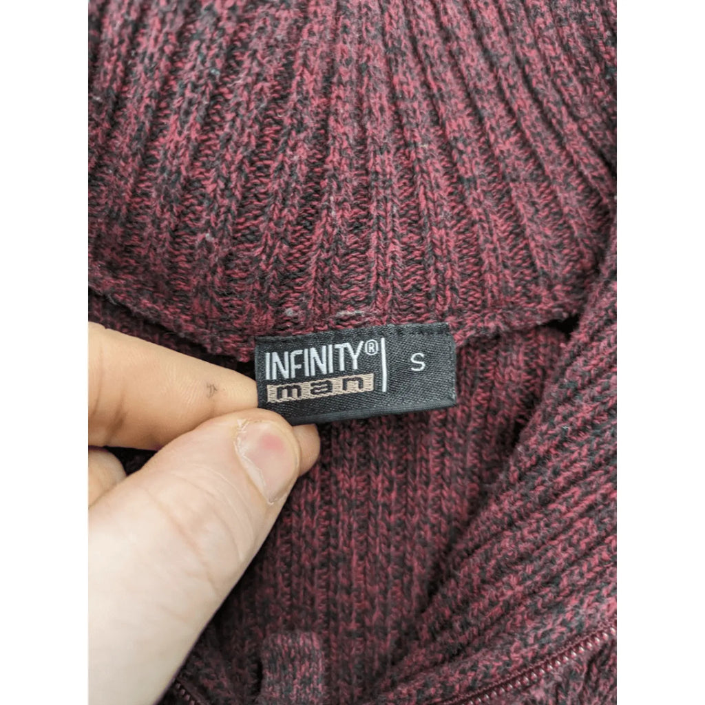 Infinity burgundy turtle neck jumper with quarter-zip and ribbed knit texture.