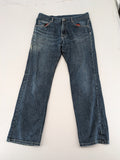 Indygo blue straight jeans 5-pocket style with subtle red pocket detail, cotton material.