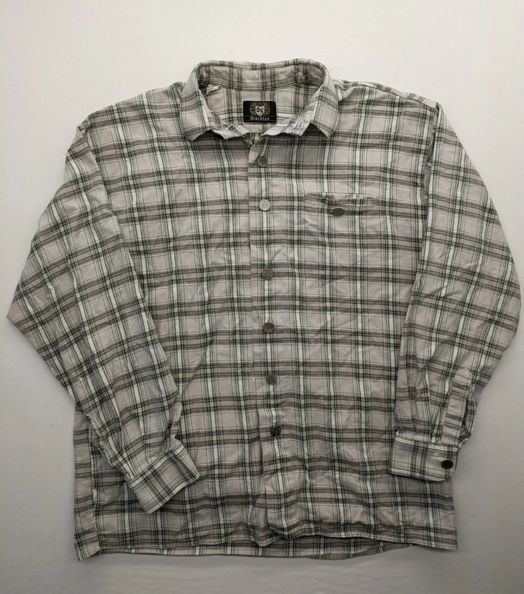 OS Trachten beige green checkered long sleeve shirt with button-up front and chest pocket.