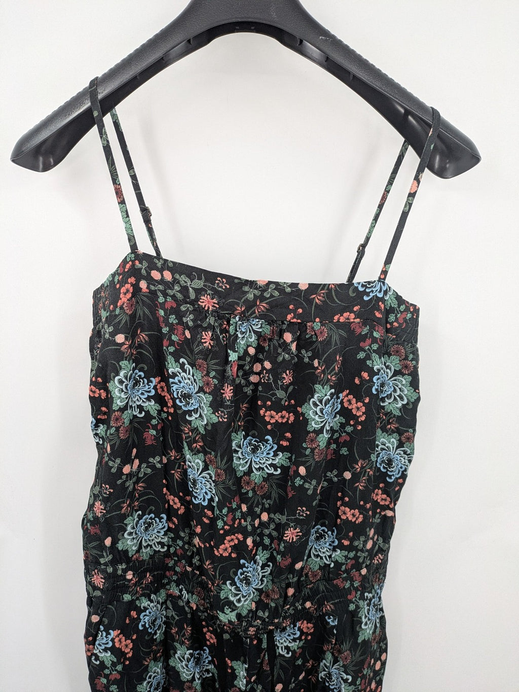edc multi jumpsuit floral pattern sleeveless with smocked waist and spaghetti straps