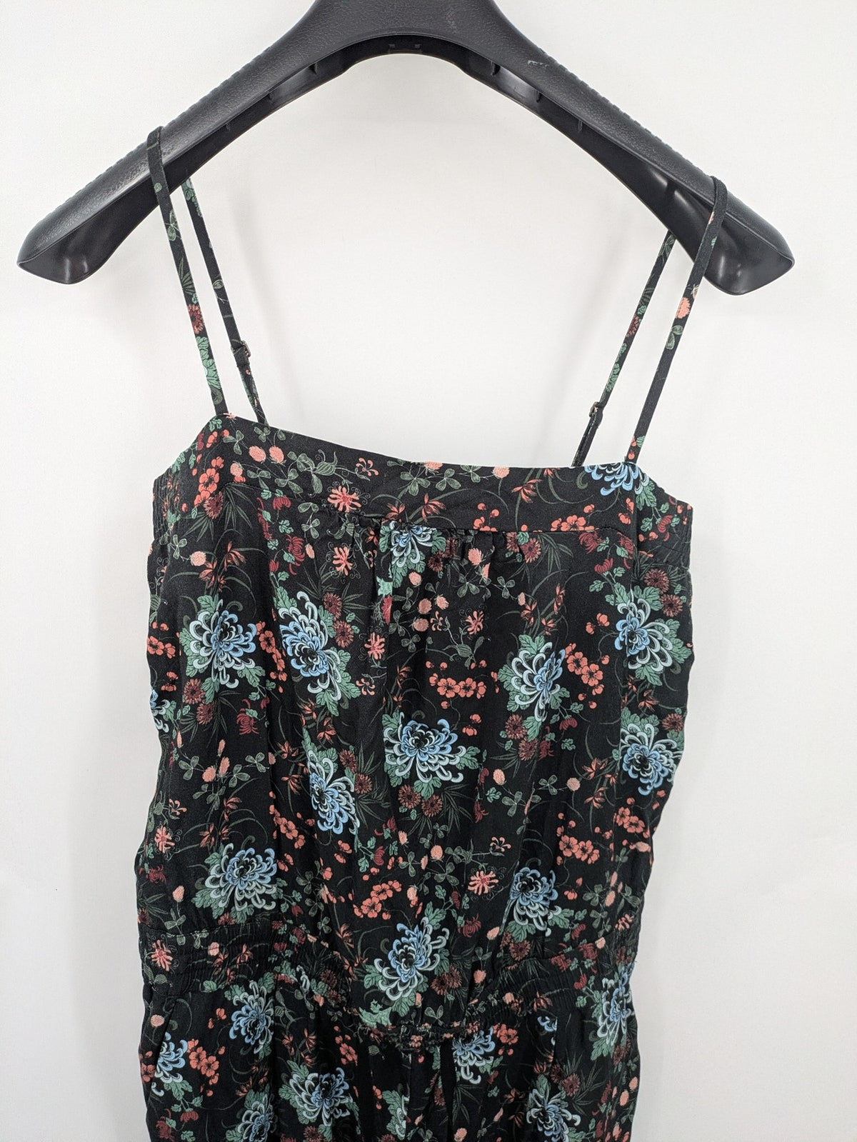 edc multi jumpsuit floral pattern sleeveless with smocked waist and spaghetti straps