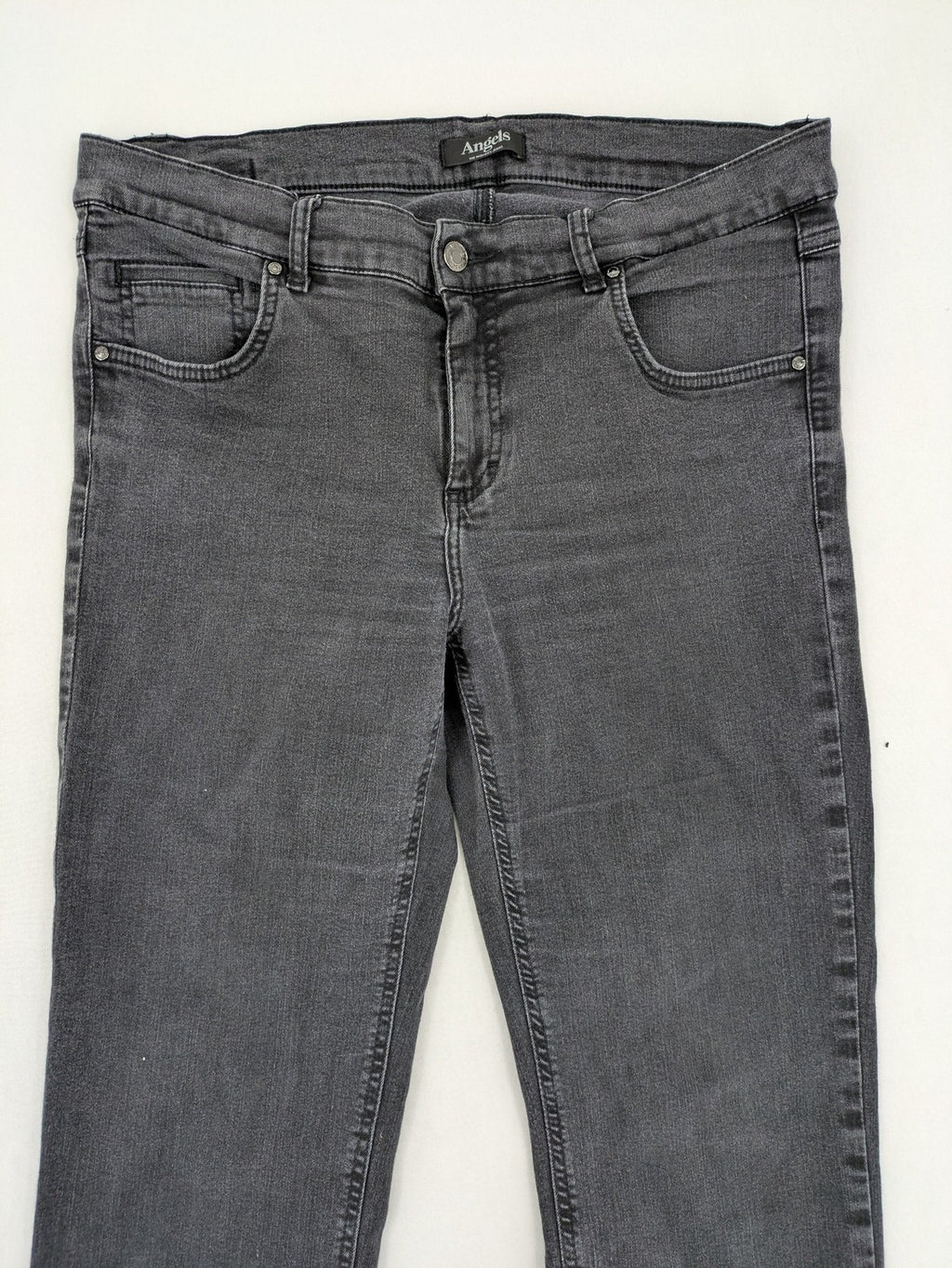 Angels grey straight jeans with 5-pocket design and faded black wash.