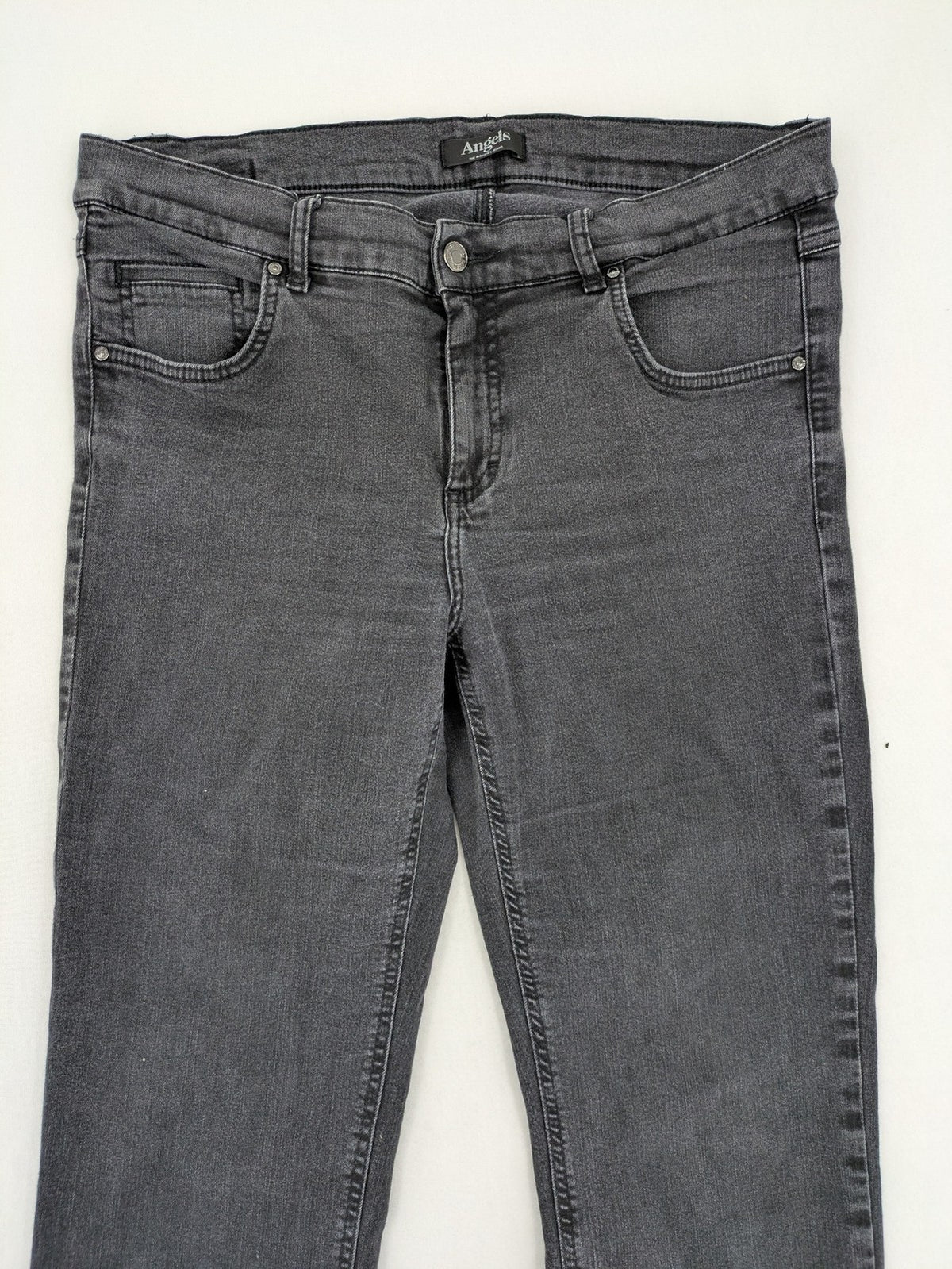 Angels grey straight jeans with 5-pocket design and faded black wash.