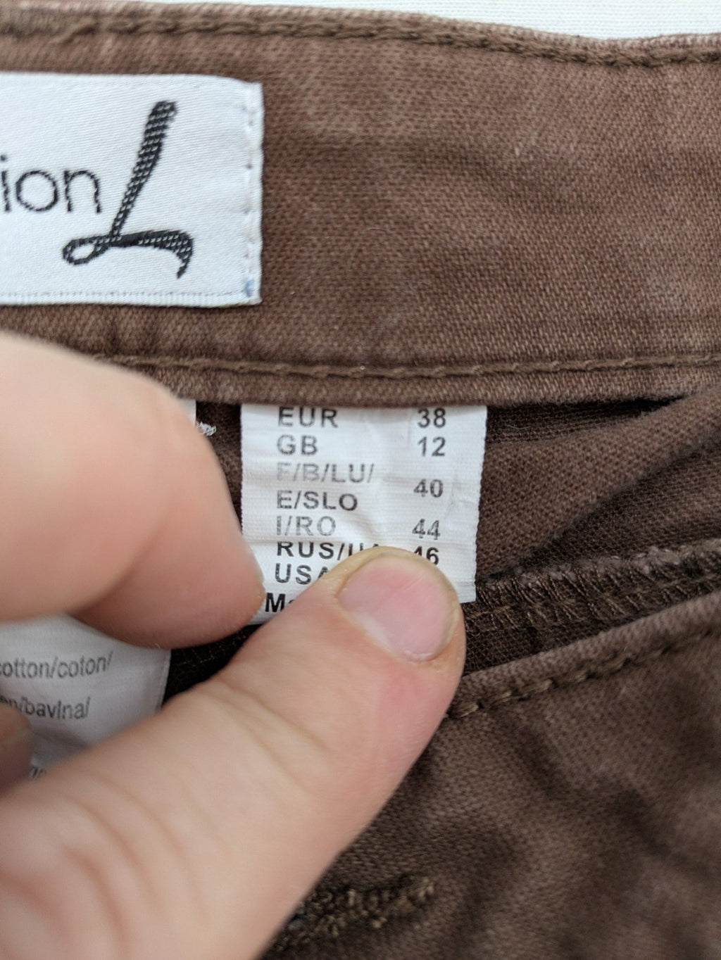 collection L brown pants cotton-stretch slim fit with diagonal zip pockets