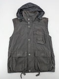 Barisal grey coat with hood, cargo pockets, and checkered lining detail.