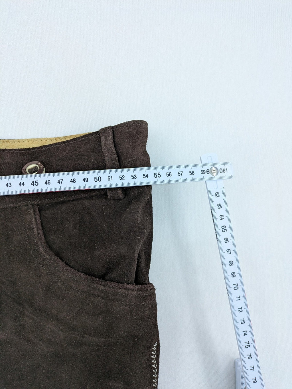 Braun traditional leather pants brown suede with intricate embroidery on bib and legs.