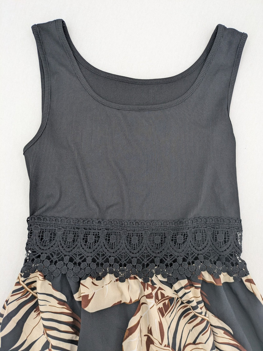 Kontrast summer dress beige tropical leaf print with black ribbed tank top and lace trim.