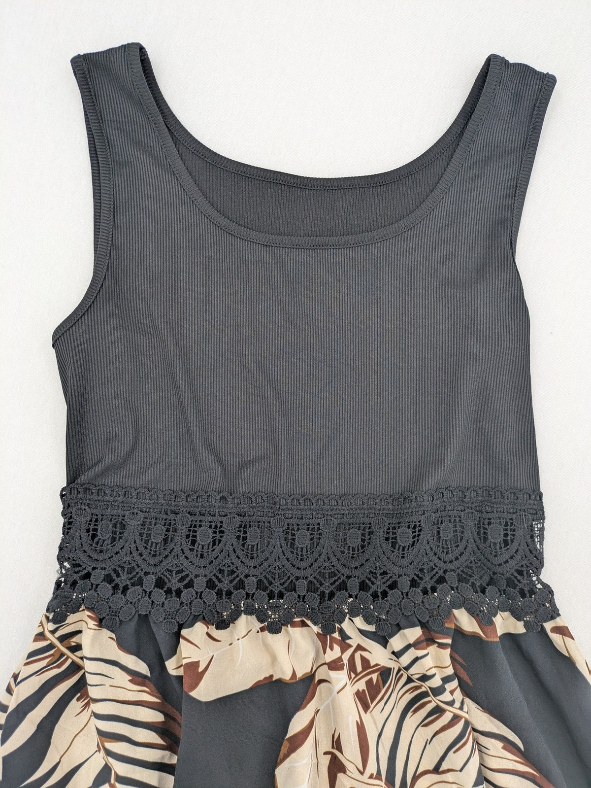 Kontrast summer dress beige tropical leaf print with black ribbed tank top and lace trim.