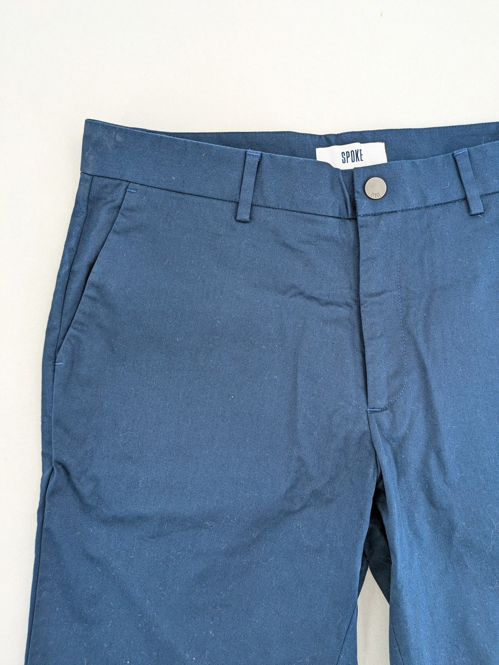 Spoke navy chino shorts flat front with unique printed pocket lining.