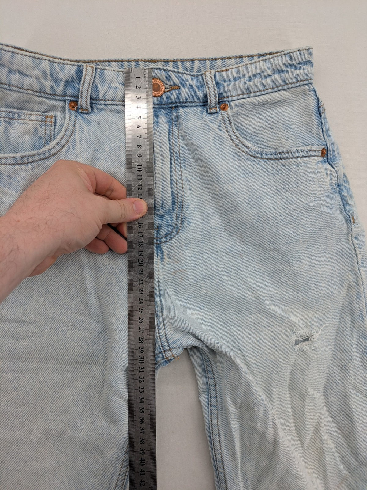 FB Sister blue mom jeans high waist distressed denim with knee rips and classic fit.