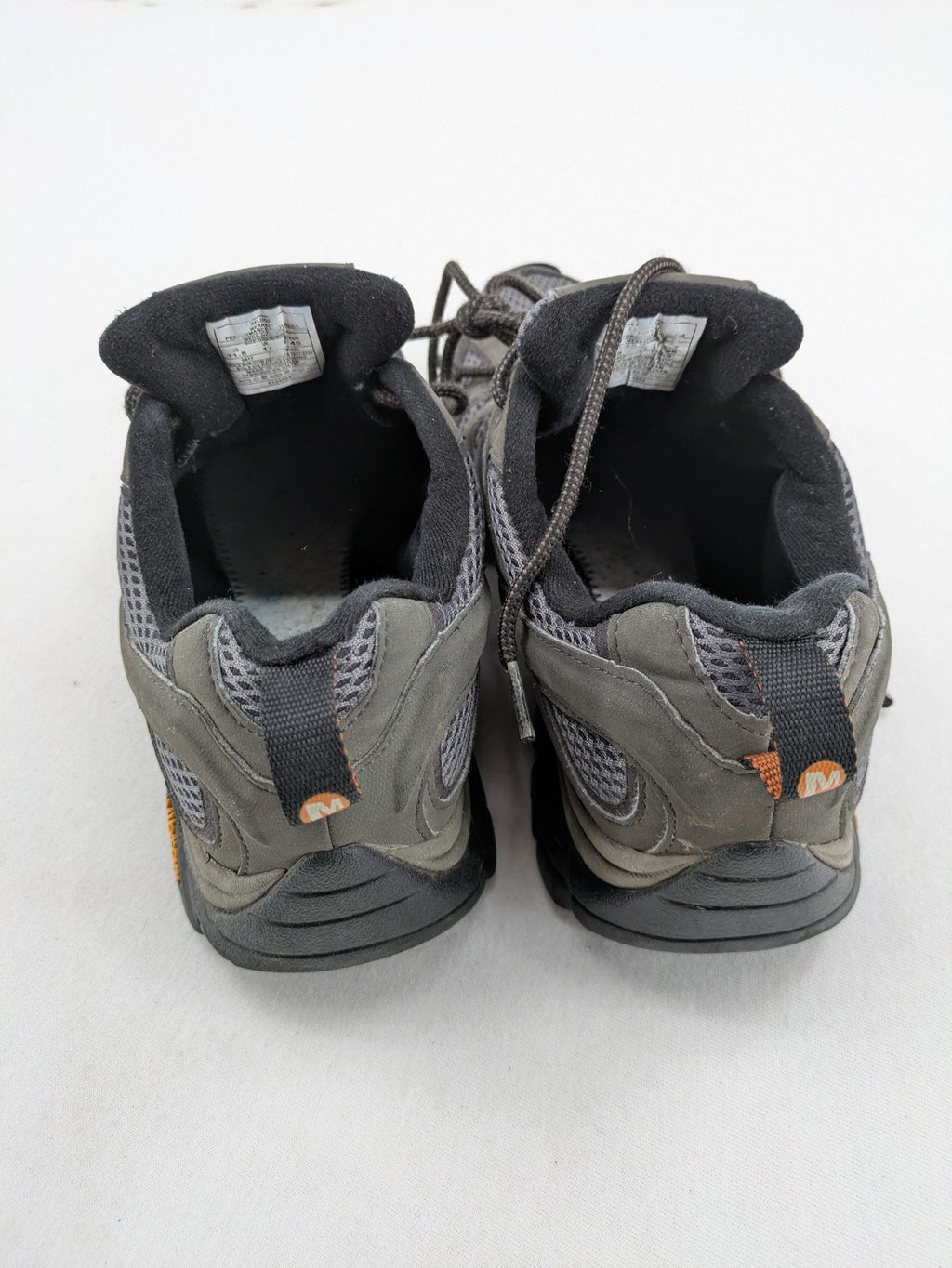 Merrell grey hiking shoes with Gore-Tex membrane and Vibram sole for traction.