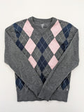 L.O.G.G. pink turtle neck jumper argyle pattern in grey, pink, and navy wool blend.