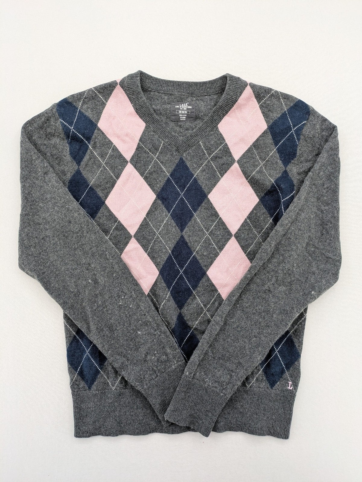 L.O.G.G. pink turtle neck jumper argyle pattern in grey, pink, and navy wool blend.