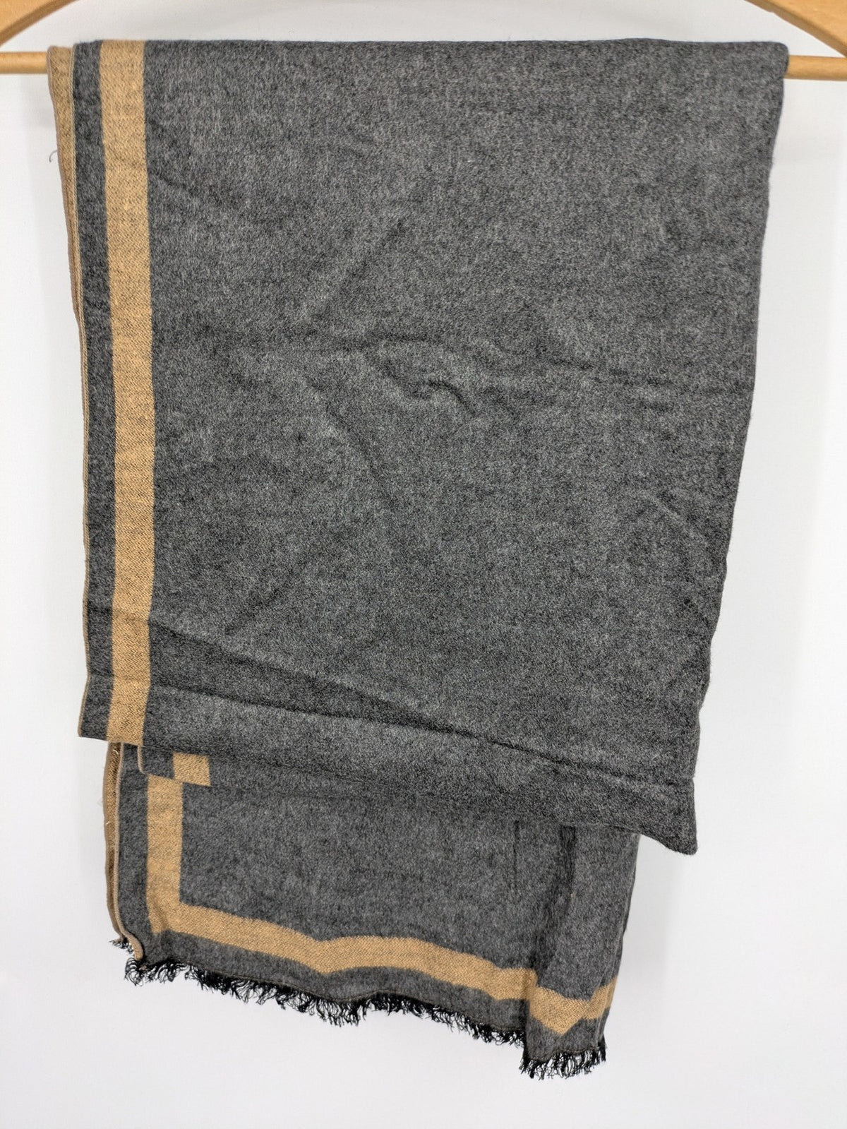 Romano beige and grey scarf with classic brown border stripes and fringes.