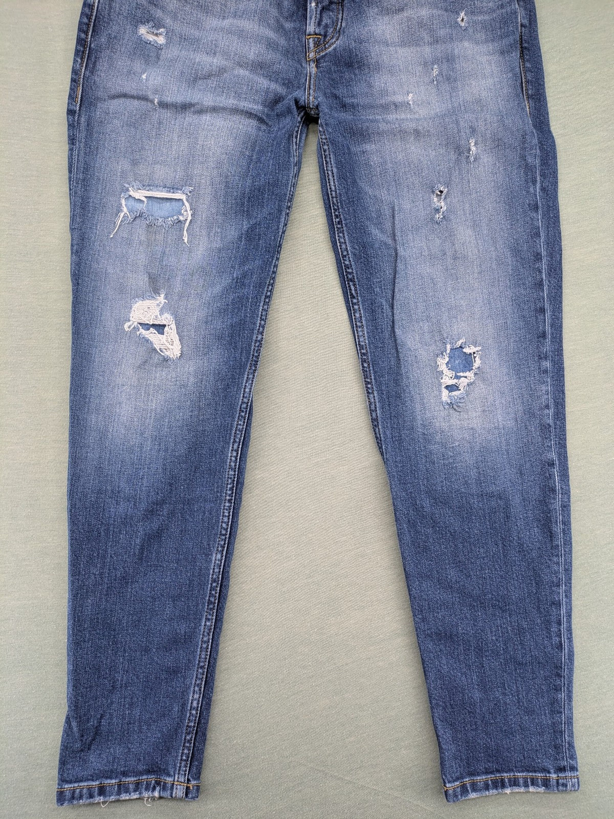 Pull & Bear blue distressed ripped straight jeans with button fly and classic wash.