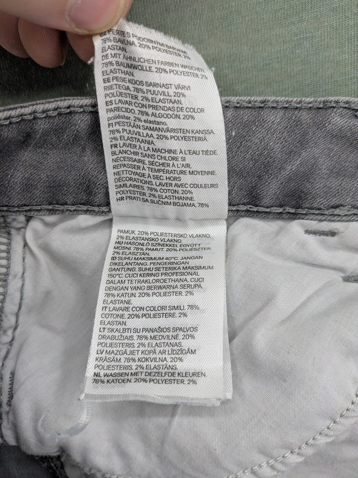 H&M grey super skinny jeans with distressed knee details and low waist fit.