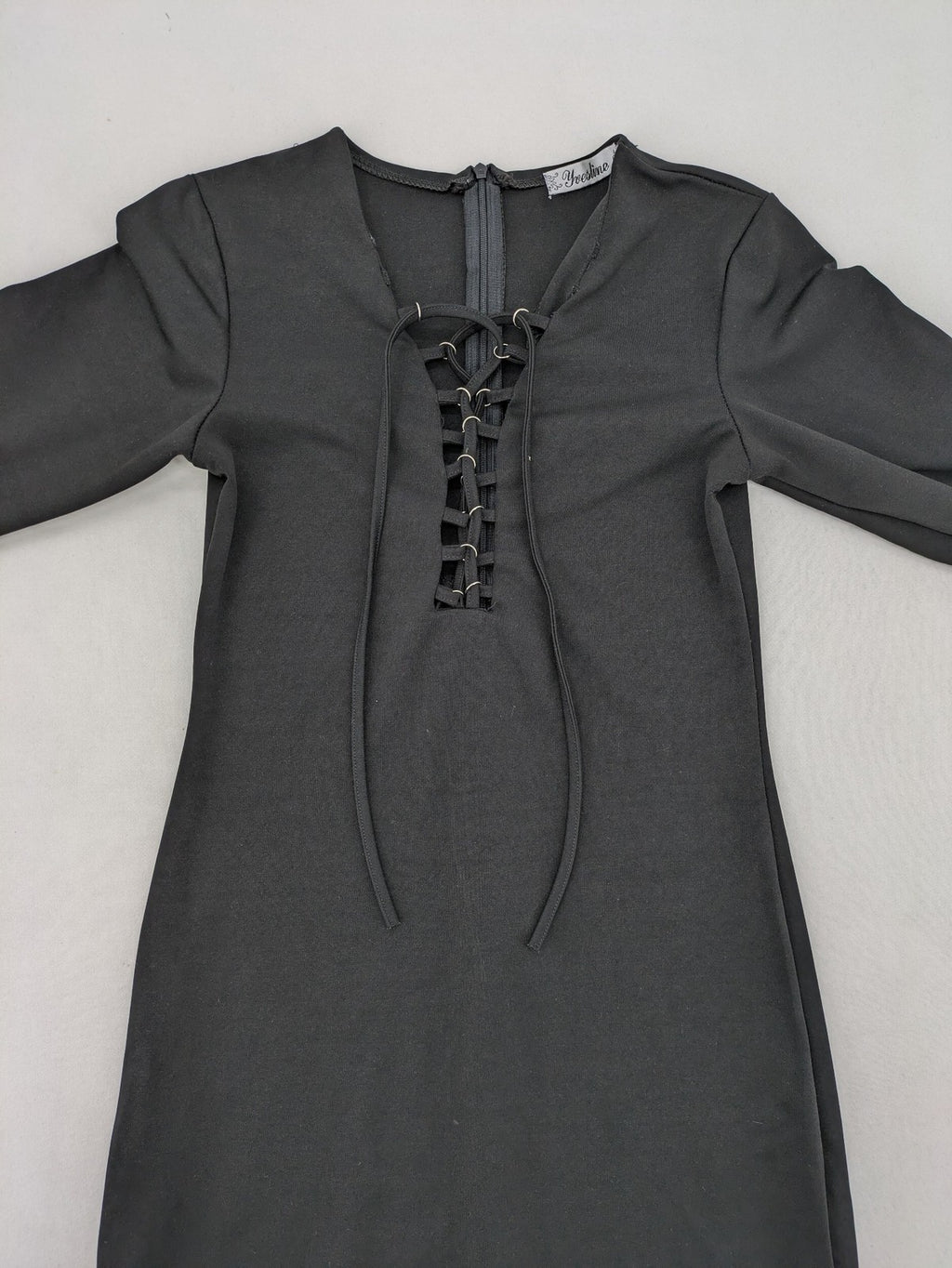 yvesline grey bodycon mini dress with V-neck and lace-up front detail