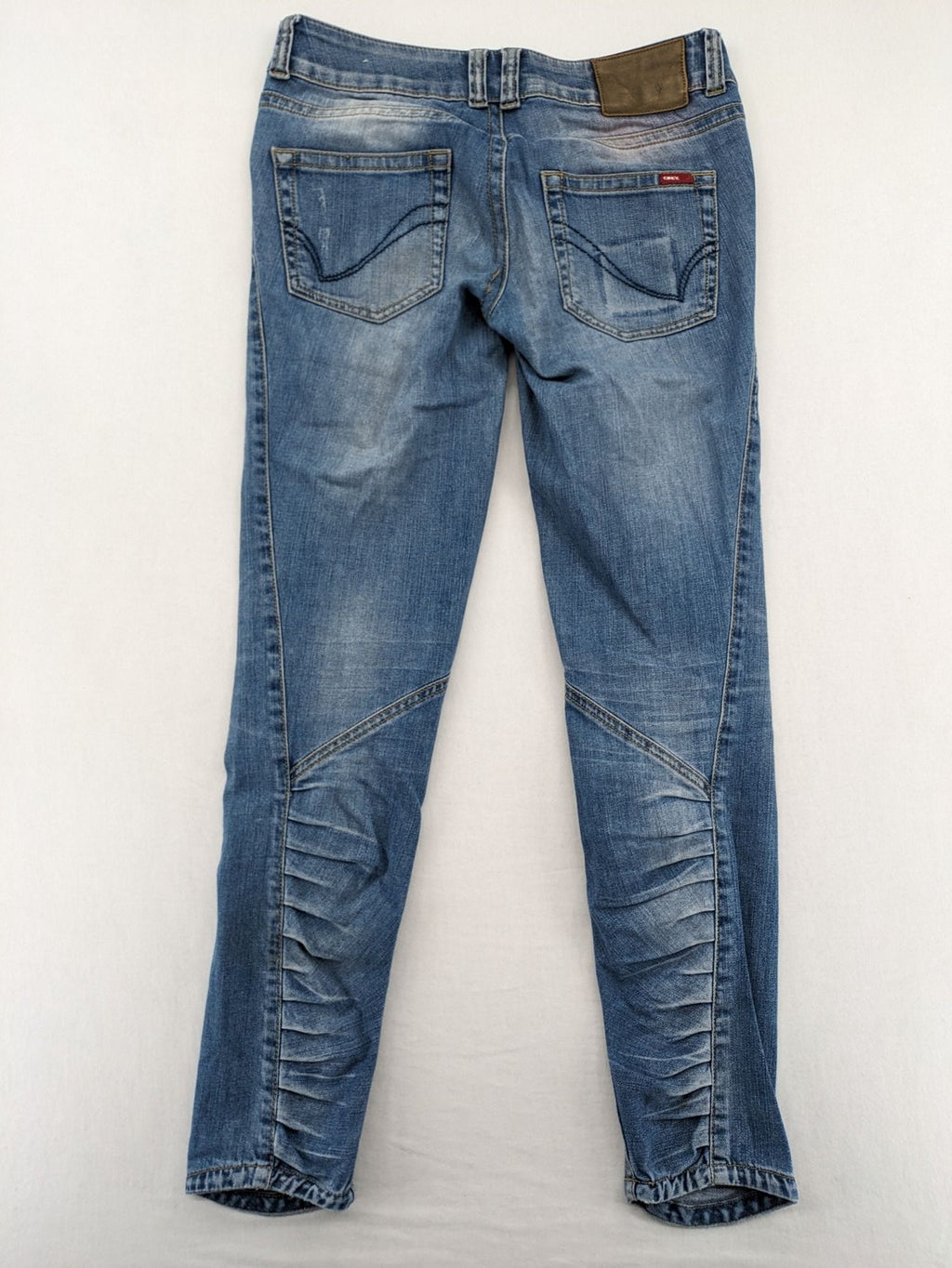 ONLY straight jeans orange pink distressed denim with unique gathered biker-style details