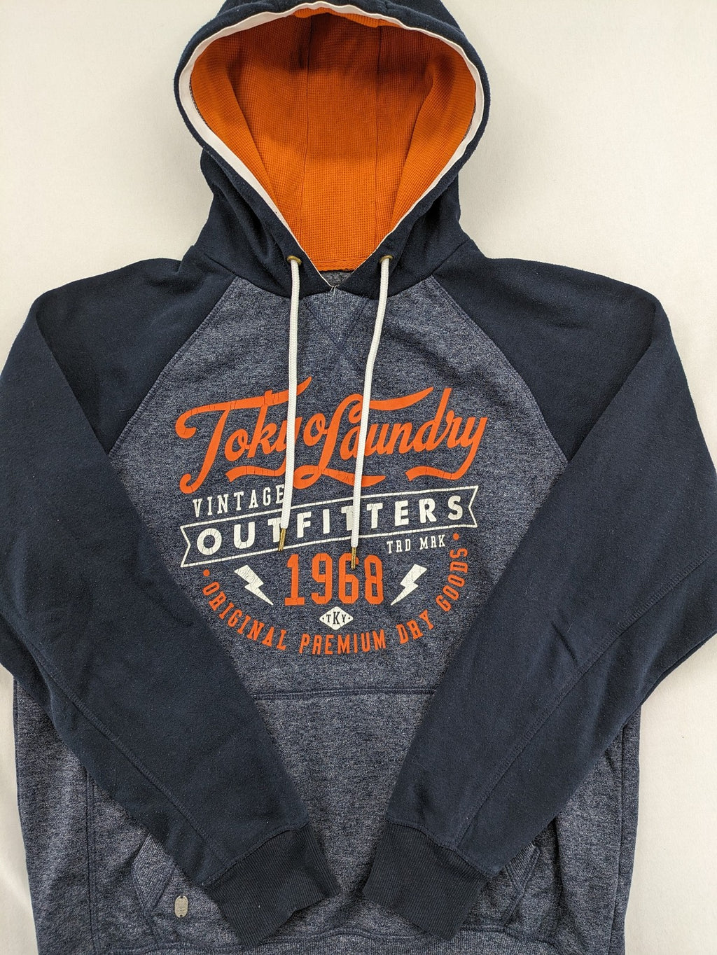 Tokyo Laundry orange zip-through hoodie with vintage graphic print and contrasting hood lining.