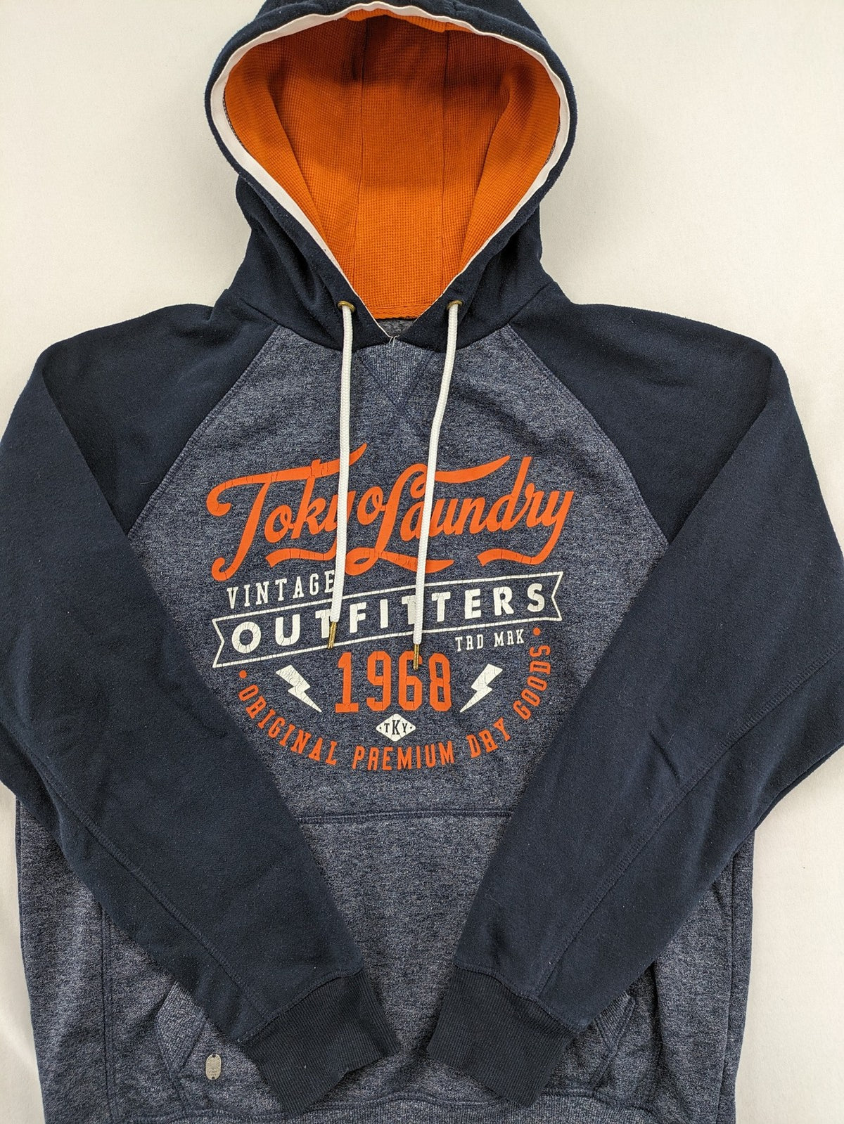 Tokyo Laundry orange zip-through hoodie with vintage graphic print and contrasting hood lining.