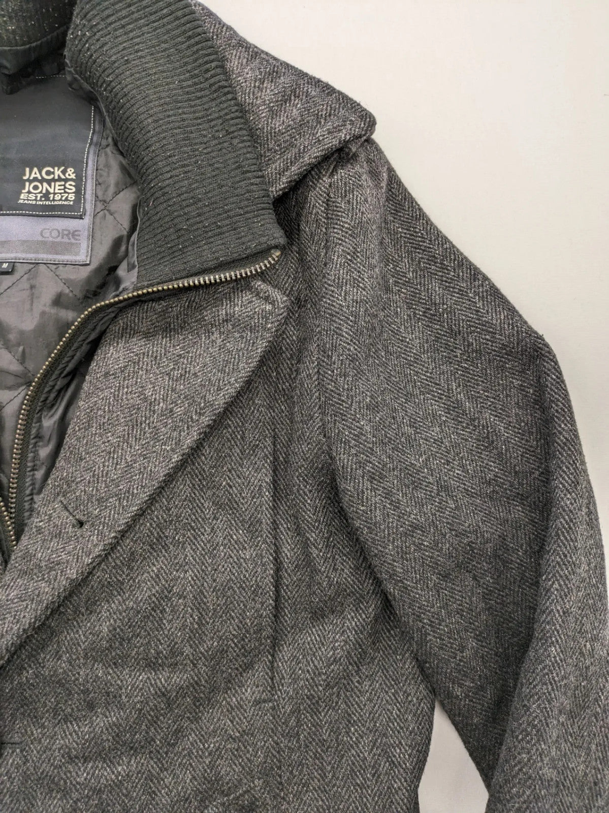 Jack & Jones grey coat herringbone pattern with two-button closure and side pockets.