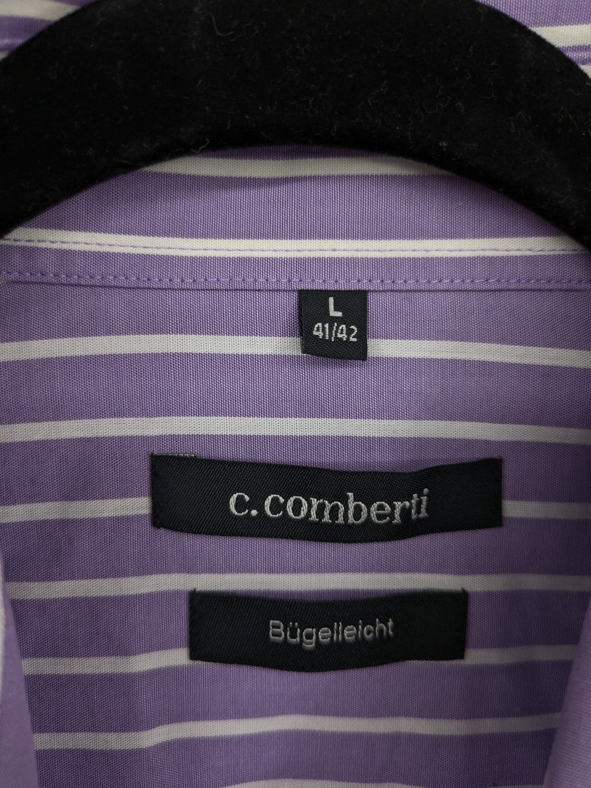C.Comberti pink button-up shirt with vertical purple and white stripes, easy-care fabric.