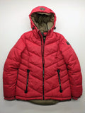Sublevel red puffer jacket size S, chevron quilted pattern, adjustable hood, recycled polyester lining.