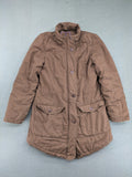 Cecilia Classics brown jacket quilted cotton with adjustable waist and zipper-button closure.