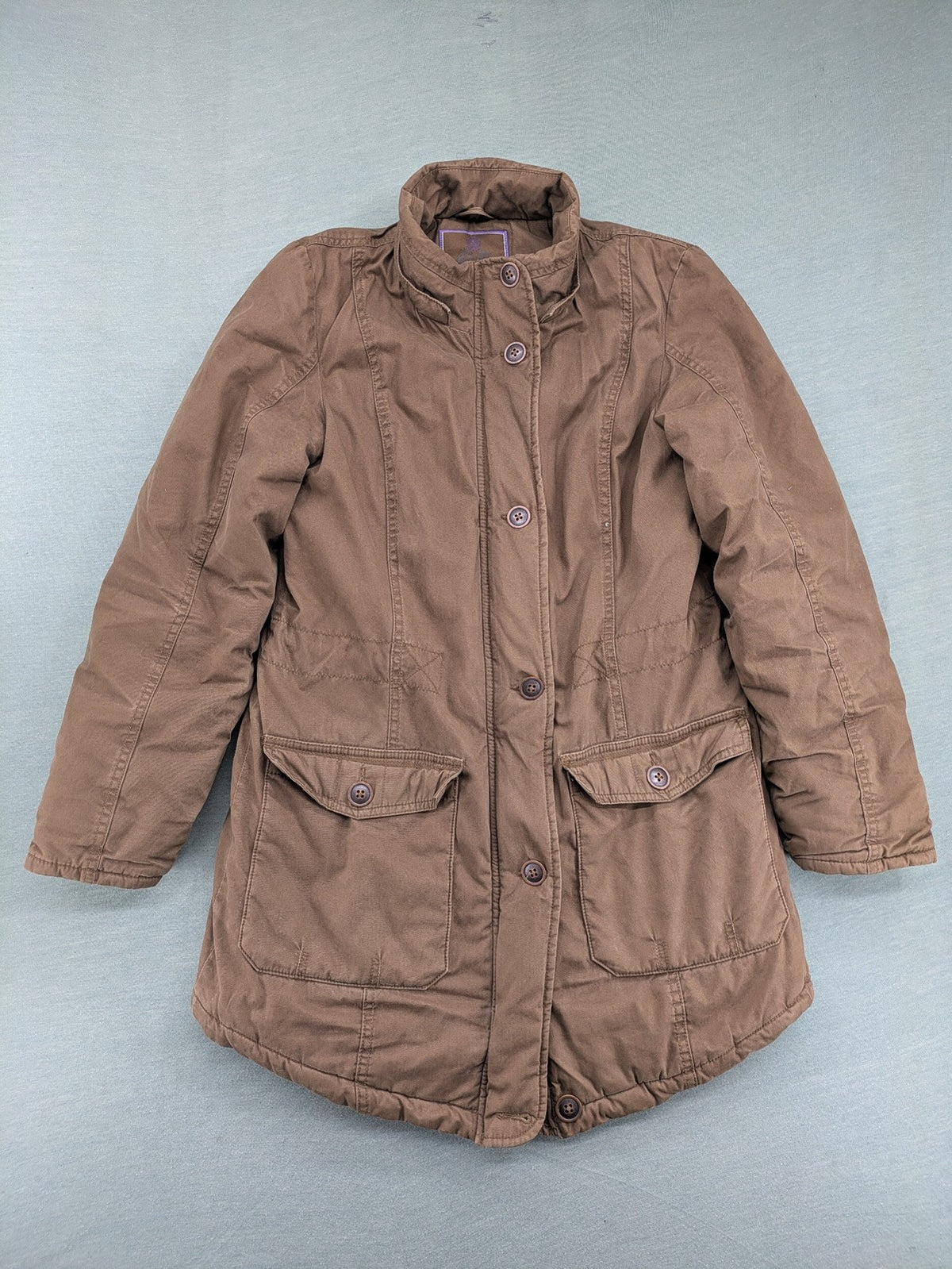 Cecilia Classics brown jacket quilted cotton with adjustable waist and zipper-button closure.