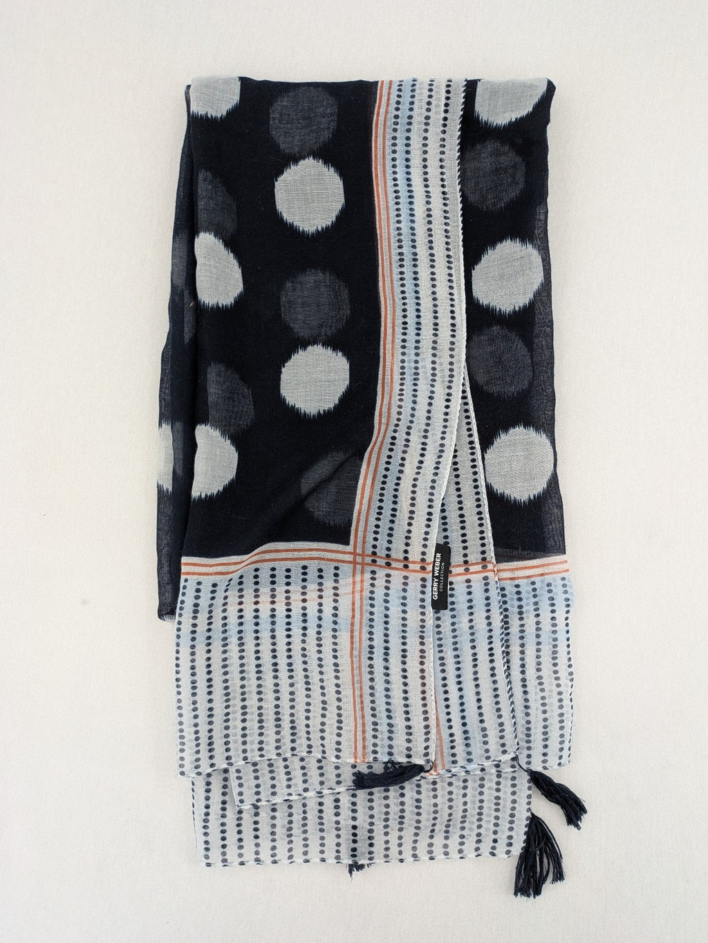 Gerry Weber multi scarf dark blue and white polka dots and stripes with tassels.
