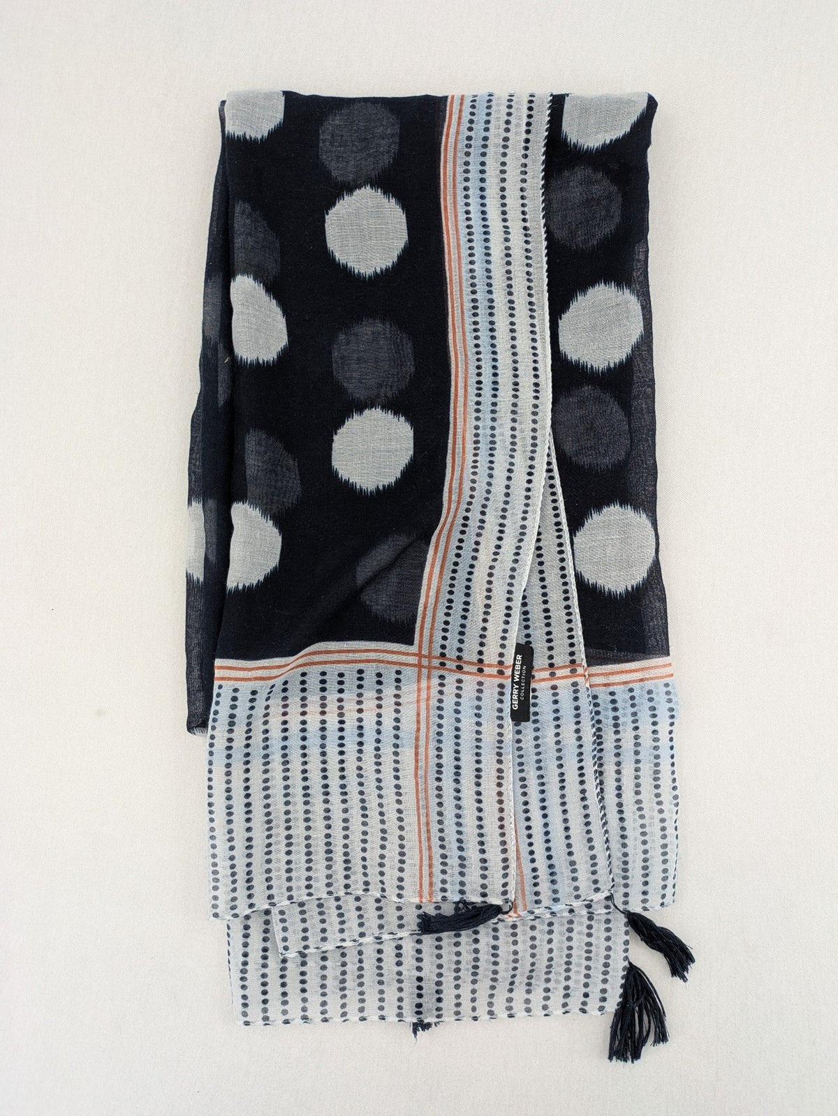 Gerry Weber multi scarf dark blue and white polka dots and stripes with tassels.