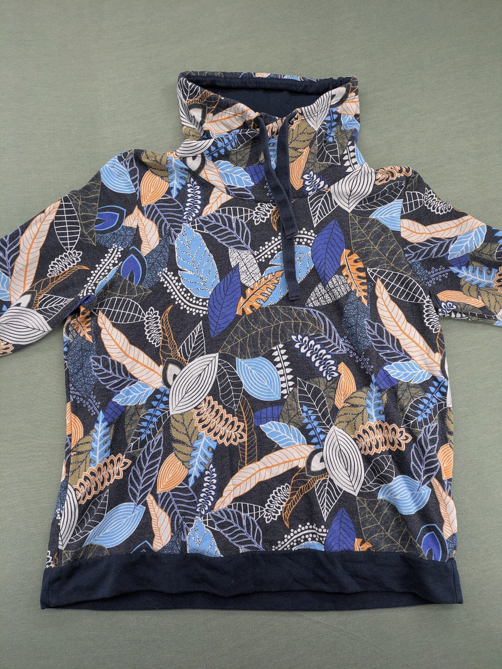john baner orange turtle neck jumper blue leaf print on dark navy base