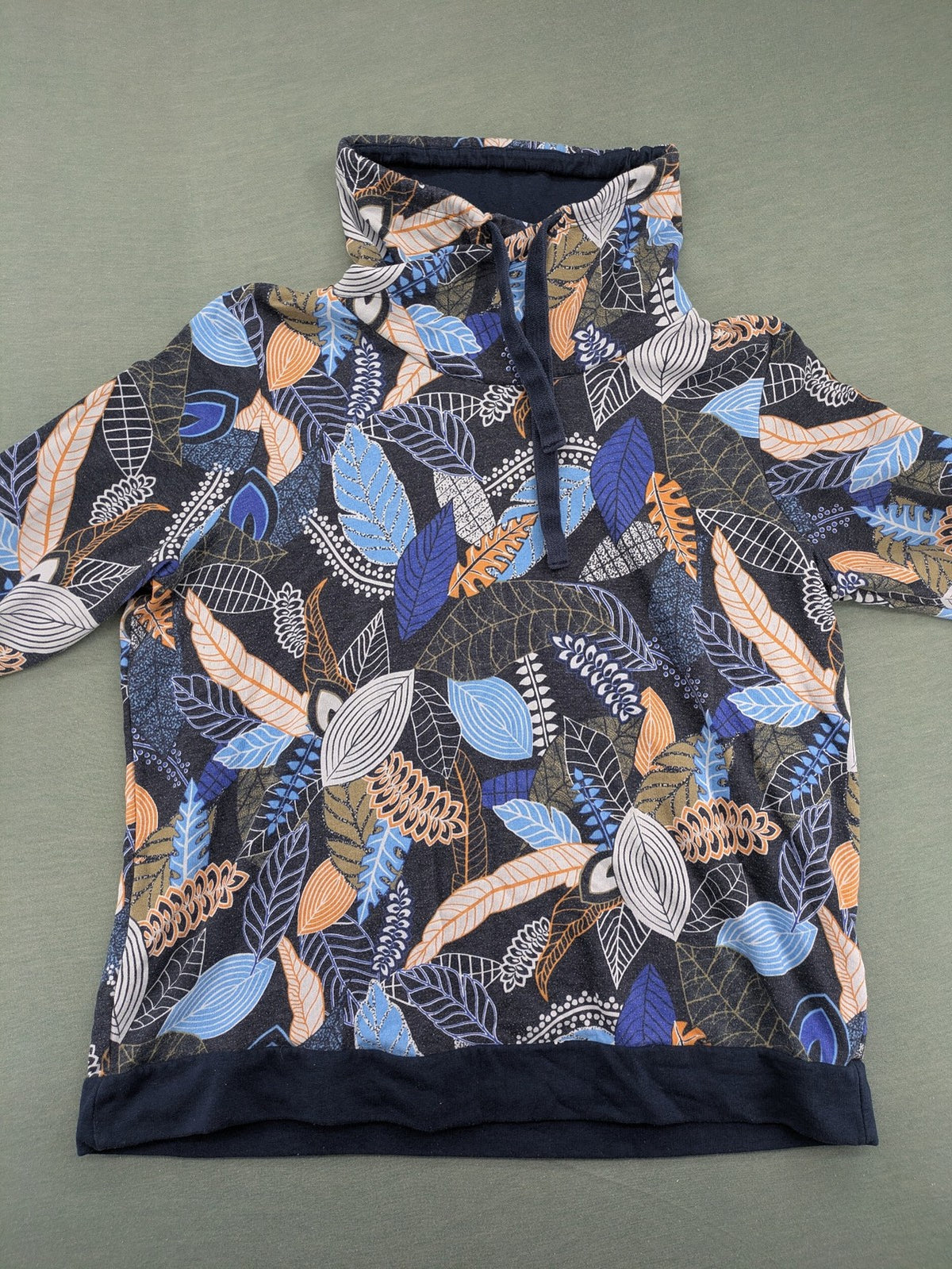 john baner orange turtle neck jumper blue leaf print on dark navy base