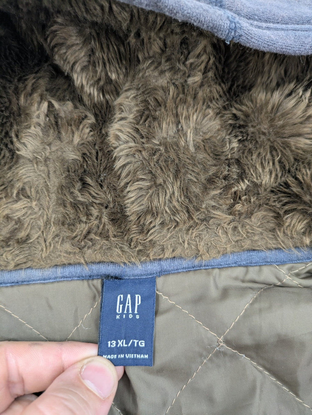 Gap Kids blue and grey zip-up hoodie with "All City Crew" logo and Sherpa lining.