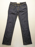 Furore blue straight jeans with yellow contrast stitching and zipper details.