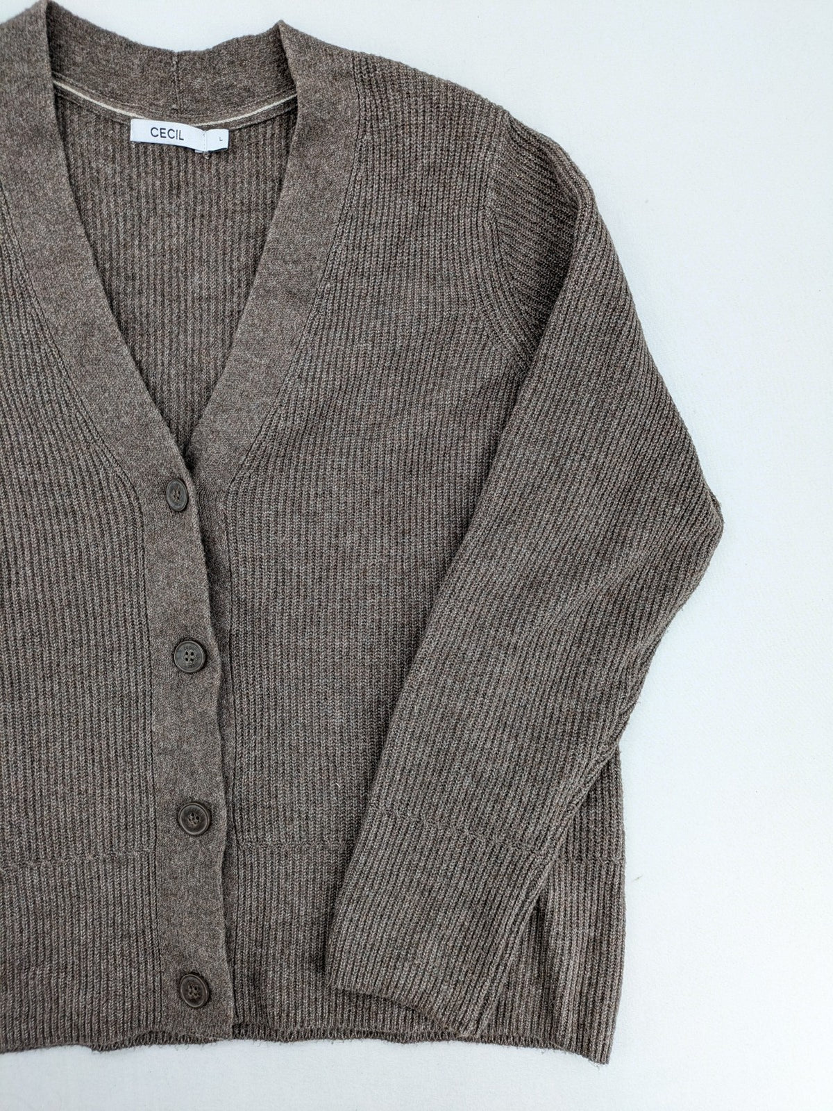Cecil grey turtle neck jumper ribbed texture V-neck with button closure.