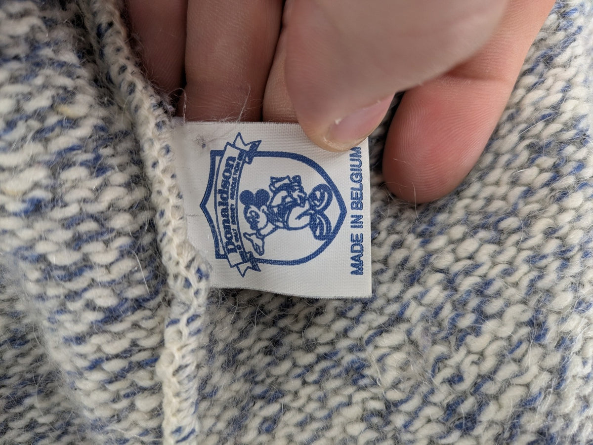 Disney blue turtle neck jumper with grey Mickey and Minnie Mouse embroidery, zip closure.