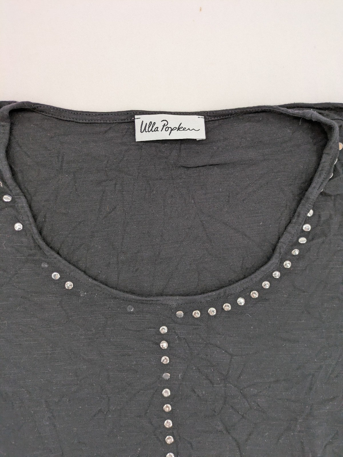 Ulla Popken grey tunic top with silver stud embellishments and 3/4 sleeves.