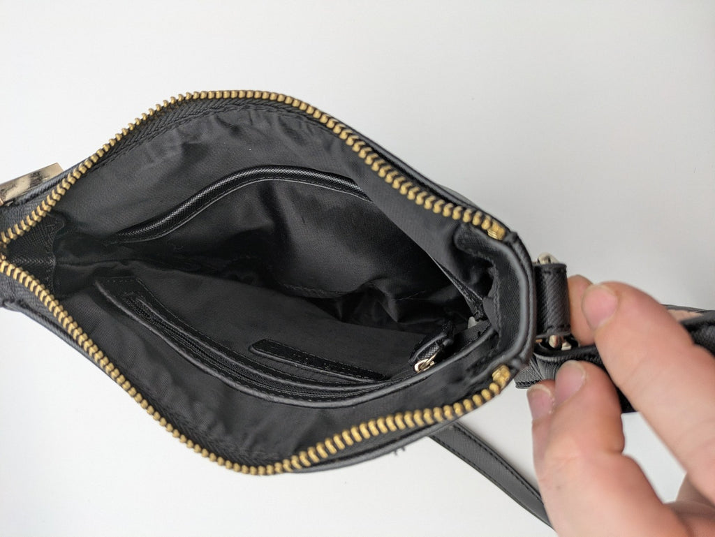 Mario Valentino messenger bag black saffiano texture gold logo hardware