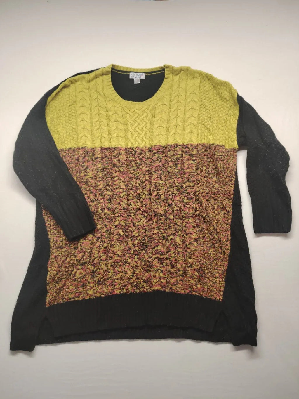 angel of style turtle neck jumper black brown yellow colorblock design with cable knit pattern