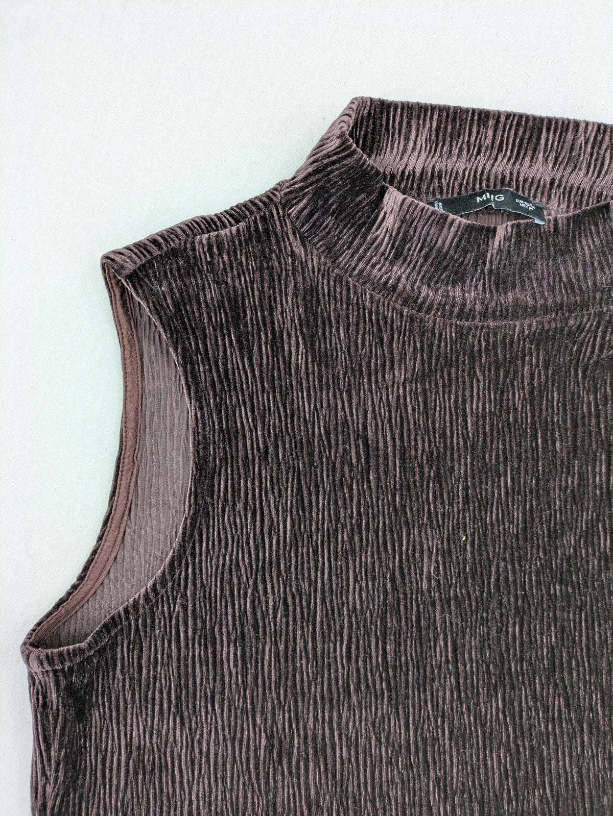 MNG purple A-line dress with standing collar, crinkle velvet texture.