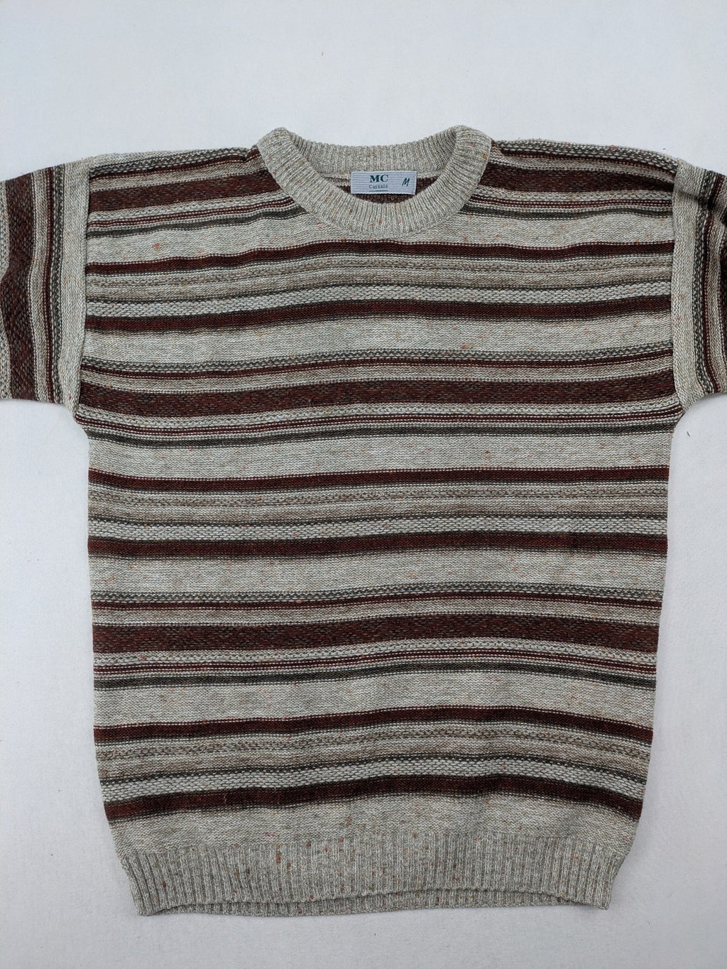 MC Casuals multi turtle neck jumper vintage striped pattern in brown and grey acrylic.