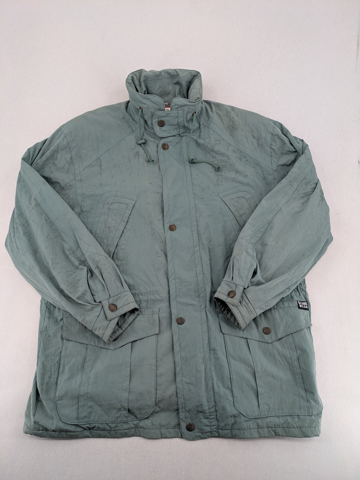 Klima green jacket vintage style, windproof, waterproof, with hidden hood and multiple pockets.