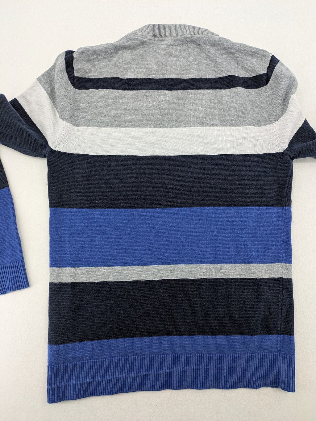Angelo Litrico navy knit jumper striped pattern in blue, grey, and white, cotton material.