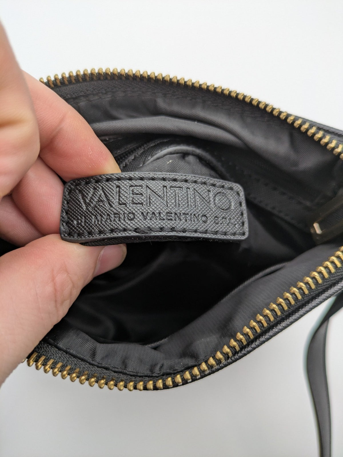 Mario Valentino messenger bag black saffiano texture gold logo hardware